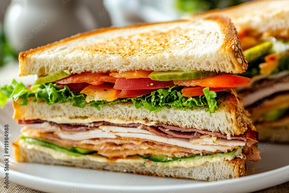 A delicious sandwich cut in half, layered with bread, colorful vegetables, and juicy meat A delicious sandwich cut in half, layered with bread, colorful vegetables, and juicy meat