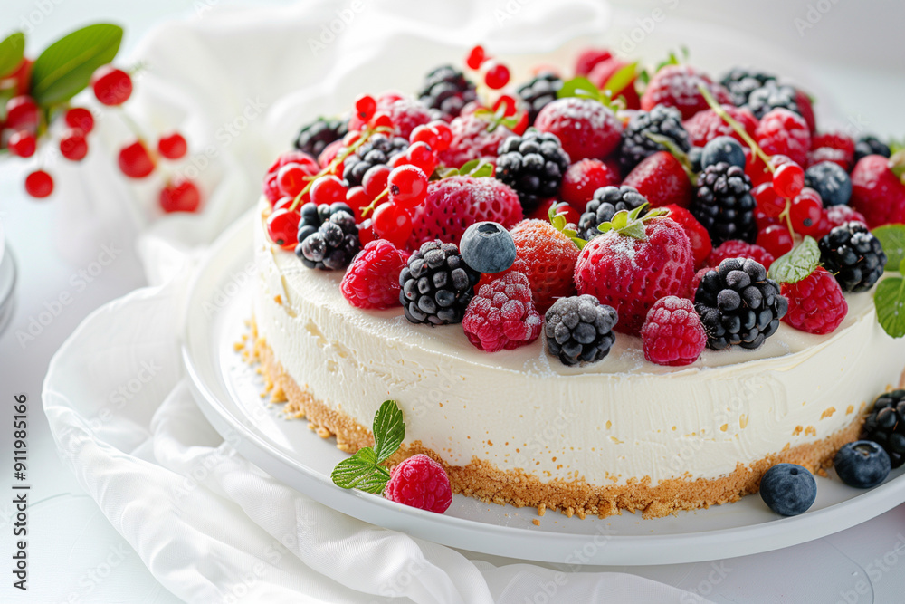 Cheesecake on a platter. Topped with fresh berries. Cheesecake on a platter. Topped with fresh berries.