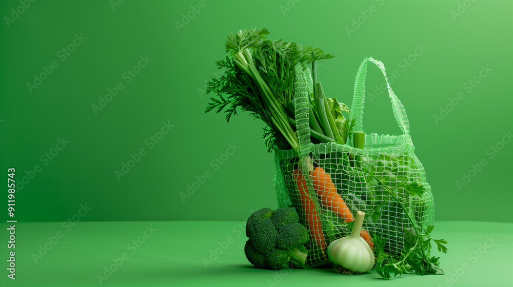 Green Vegetables in Reusable Mesh Bag on Green Background Green Vegetables in Reusable Mesh Bag on Green Background