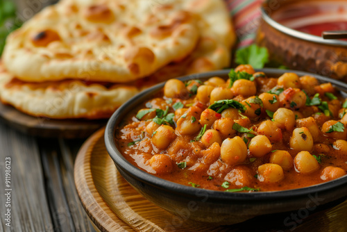 Chole Bhature on a plate. Spicy chickpeas with fried bread photo