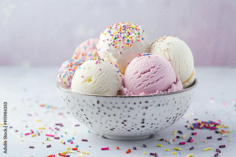 Ice Cream in a bowl. Various scoops with sprinkles Ice Cream in a bowl. Various scoops with sprinkles