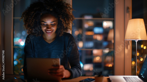 An African-American woman chatting with friends from other countries at night, using laptop and cell phone at night, long-distance relationships.