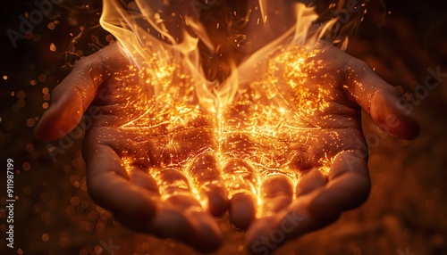 Hands on fire, highdefinition, detailed and vivid flames, dramatic and intense visual photo