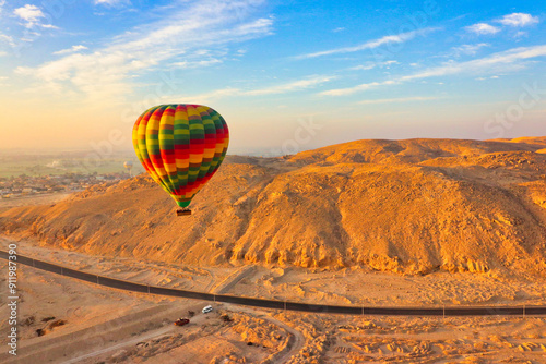 Hot air balloons rides take tourists over the sahara desert and Luxor town with views of the vast theban necropolis near Luxor,Egypt 