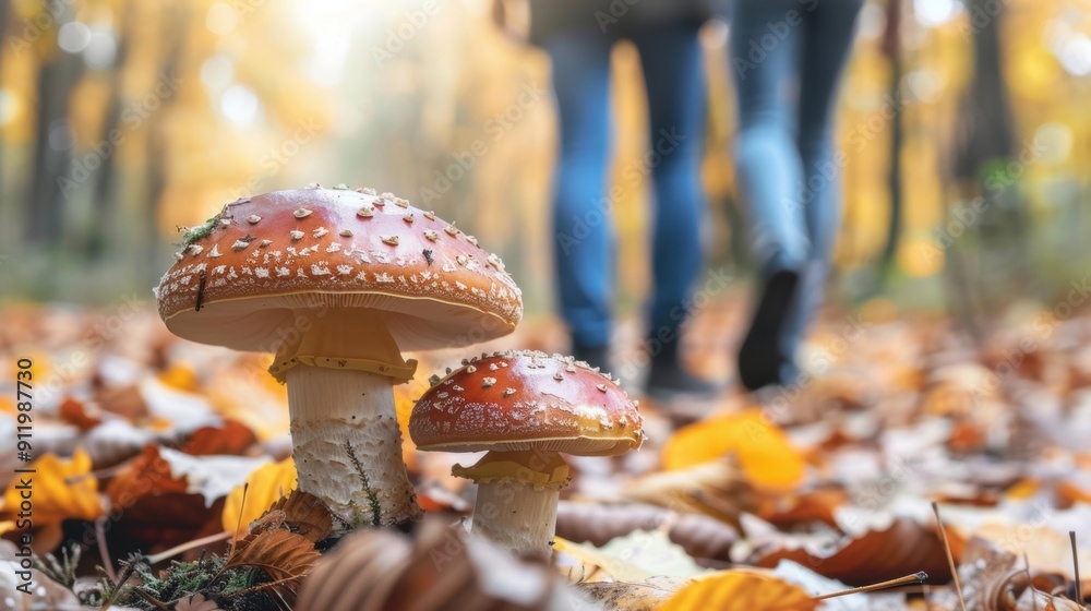 Close-up of mushrooms in an autumn forest with blurred figures walking in the background, capturing nature's beauty. Close-up of mushrooms in an autumn forest with blurred figures walking in the background, capturing nature's beauty.