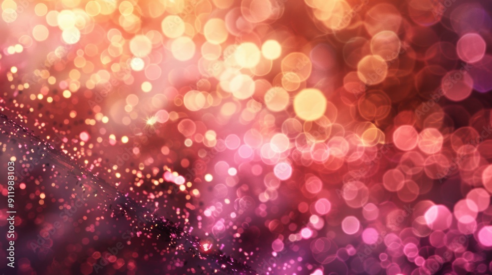 Abstract image of glittering bokeh lights in warm tones of pink, gold, and purple, creating a festive and magical atmosphere. Abstract image of glittering bokeh lights in warm tones of pink, gold, and purple, creating a festive and magical atmosphere.