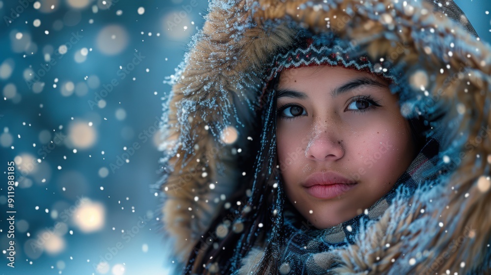 A girl wearing a fur-lined hood gazes thoughtfully as snowflakes fall around her, with a soft winter background. A girl wearing a fur-lined hood gazes thoughtfully as snowflakes fall around her, with a soft winter background.