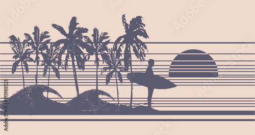 Illustration of a surfer silhouette in the late afternoon. Art with stripes and coconut trees in the background.
