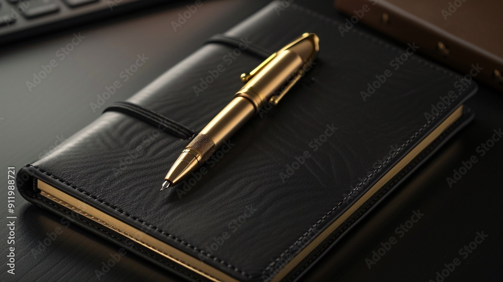 Luxurious flat lay of a premium leather notebook and gold pen, illustrated with ultra-sharp and clear 3D shading Luxurious flat lay of a premium leather notebook and gold pen, illustrated with ultra-sharp and clear 3D shading