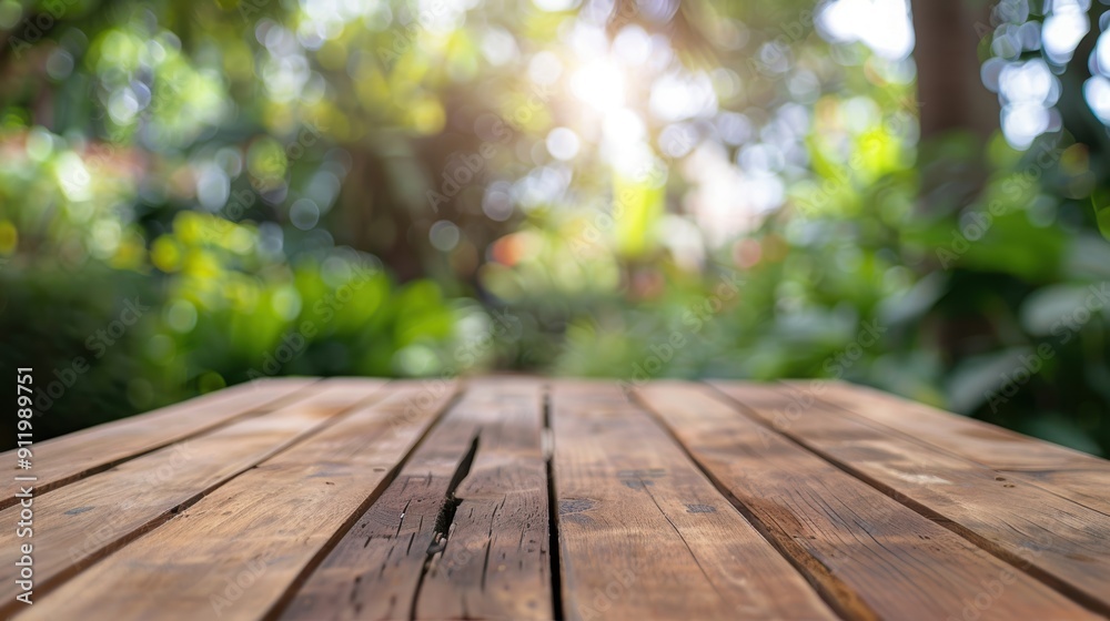 An empty wooden table in a green garden, surrounded by lush foliage and illuminated by soft, natural sunlight. An empty wooden table in a green garden, surrounded by lush foliage and illuminated by soft, natural sunlight.