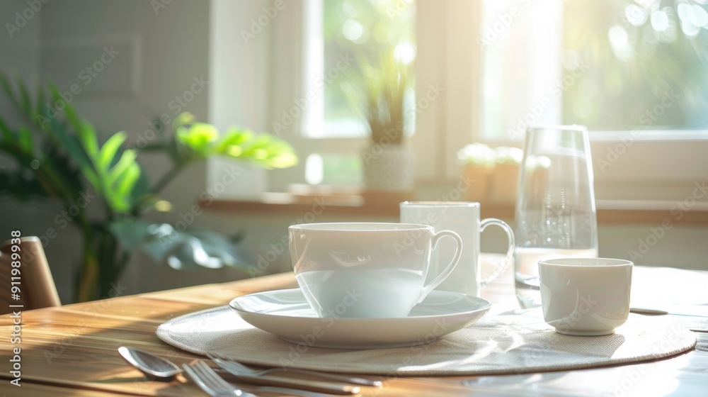 custom made wallpaper toronto digitalA serene breakfast table setup with white dishware and sunlight streaming through the window, creating a cozy morning atmosphere.