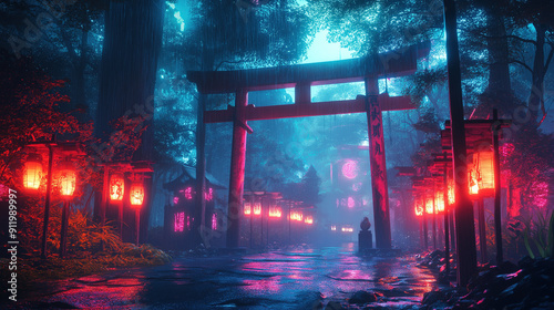 Neon-lit scene of a traditional Japanese shrine path set in a lush, rainy forest. The path is lined with glowing red paper lanterns and torii gates that add to the mystical atmosphere. The forest tree