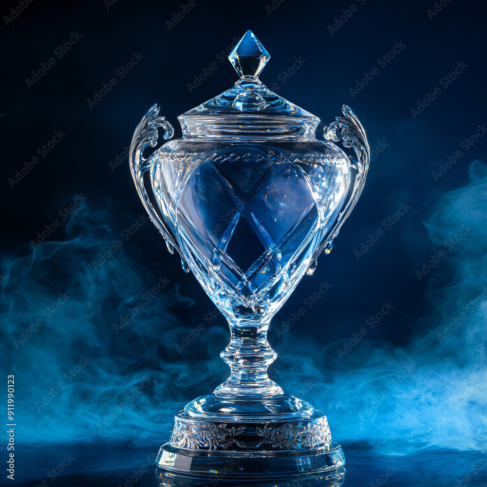 Antique Blue glass vase on a blue-black background, Crystal Transparent Trophy On a Blue foggy Background, Generated AI Antique Blue glass vase on a blue-black background, Crystal Transparent Trophy On a Blue foggy Background, Generated AI
