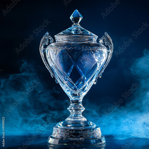Antique Blue glass vase on a blue-black background, Crystal Transparent Trophy On a Blue foggy Background, Generated AI	