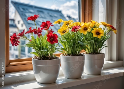 Many beautiful blooming potted plants on windowsill indoors 