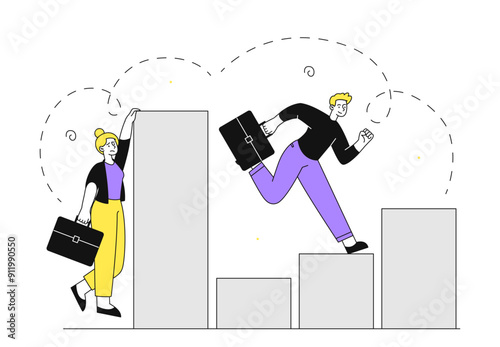 People with unequal rights. Woman faces obstacle in career. Stop gender and sex discrimination. Unhappy businesswoman without opportunities. Linear vector illustration
