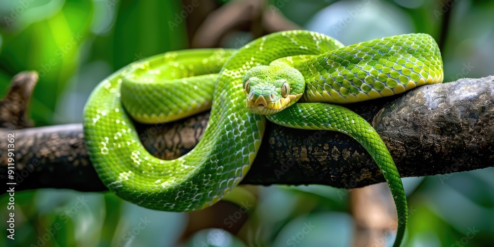Obraz premium Vibrant green snake gracefully coiled around a tree branch displaying natural elegance and beauty