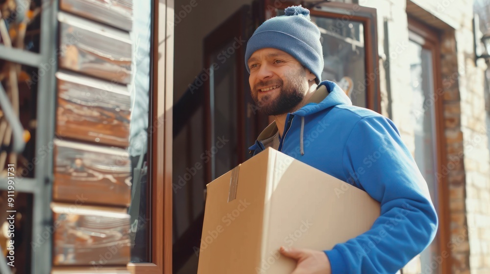 Professional delivery man ringing doorbell holding cardboard box Professional delivery man ringing doorbell holding cardboard box