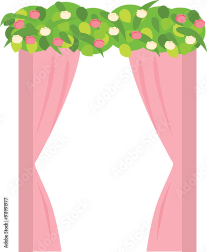 Wedding arch decorated with flowers and pink curtains for beautiful ceremony