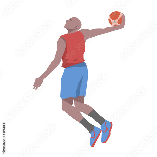 Flat design concept with sportsman playing basketball. Vector illustration isolated on white background