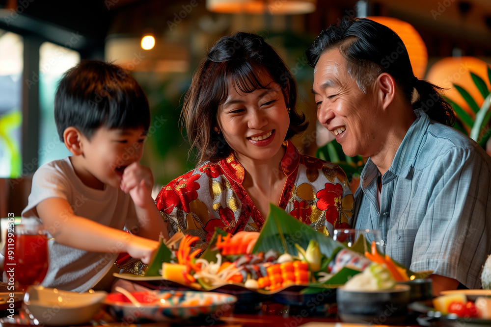 Fototapeta premium Asian family celebrating a birthday at a local restaurant, colorful decorations and joyful expression