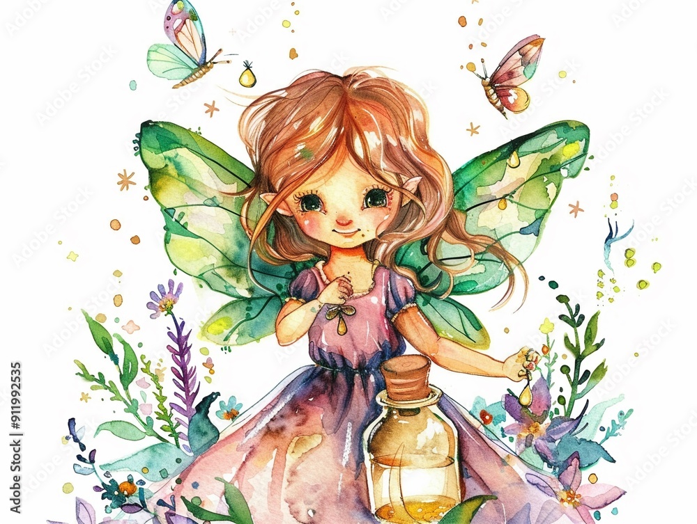 Fairy with a potion bottle,Clipart, watercolor illustration, Perfect for nursery art The style is hand drawn, white background Fairy with a potion bottle,Clipart, watercolor illustration, Perfect for nursery art The style is hand drawn, white background