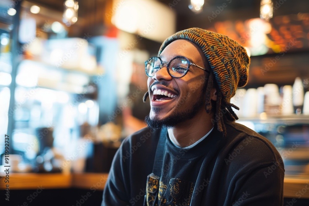 young African American hipster man laughing with a wide infectious smile
