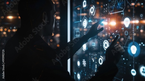 Silhouetted Figure Interacting with Futuristic Interface