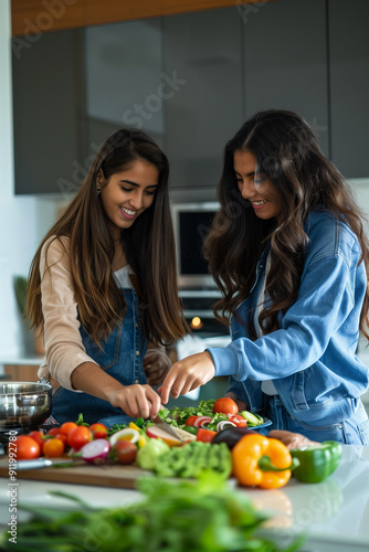 Two young Indian women cooking a healthy salad in a modern kitchen, smiling and congratulating each other.