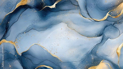 Abstract Blue and Gold Ink Painting photo