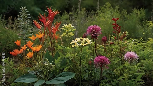 Native plant animation. Illustrating a variety of native plants showcasing their flowers and ecological importance in vibrant compositions. Celebrate the beauty and significance of native plants. photo