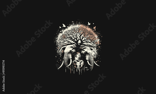 elephants combine with big tree vector artwork design