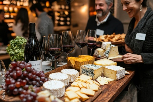 An elegant wine and cheese tasting event with guests sampling fine wines and gourmet cheeses in a chic venue photo