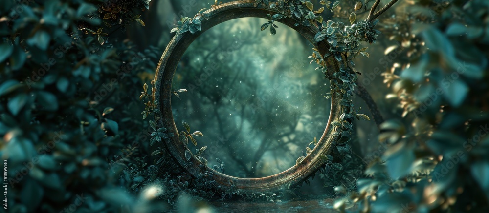 Obraz premium Enchanted Forest Portal with Lush Greenery and Mystical Atmosphere in a Magical Woodland Setting