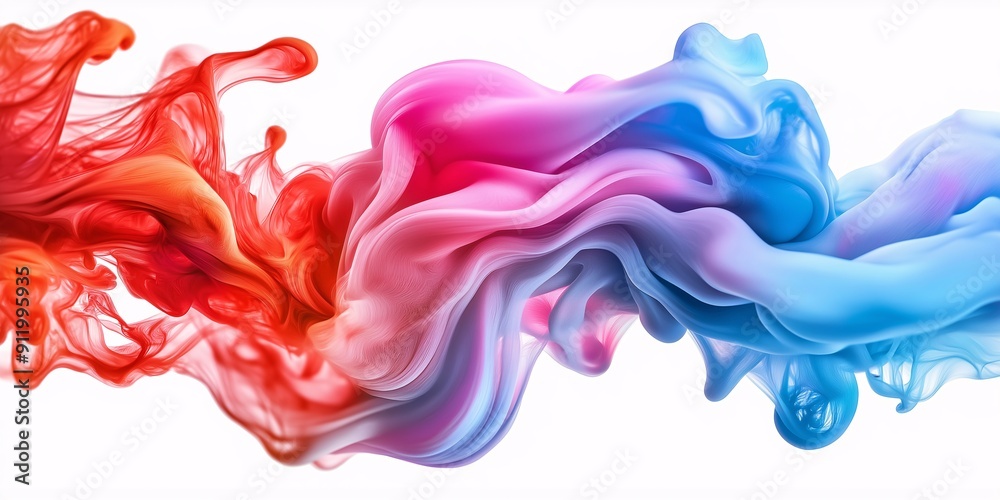 Obraz premium A vibrant swirl of red, pink, and blue smoke flowing gracefully against a white background, forming fluid and abstract shapes.