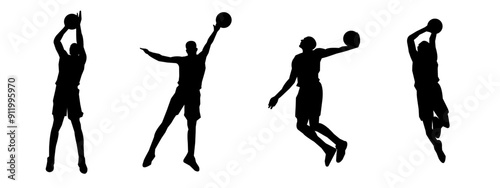 set of silhouettes of basketball players with different poses, gestures. isolated on white background. vector illustration.
