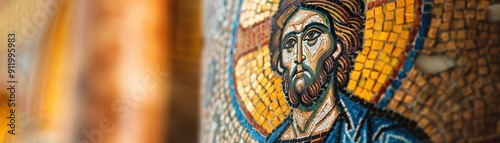 Byzantine architecture, mosaic art, close up, early Christian influence, vibrant, manipulation, church interior