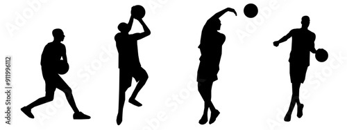 set of silhouettes of basketball players with different poses, gestures. isolated on white background. vector illustration.