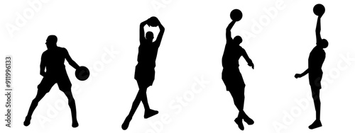 set of silhouettes of basketball players with different poses, gestures. isolated on white background. vector illustration.