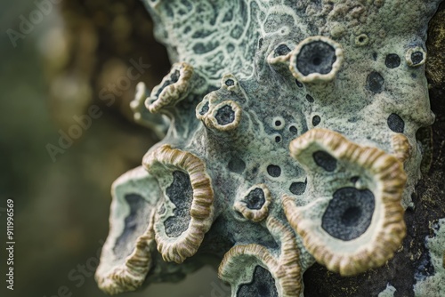 Close-up of an alien lichen with symbiotic relationships, growing on an alien tree bark. High-resolution, detailed textures, crisp focus photo