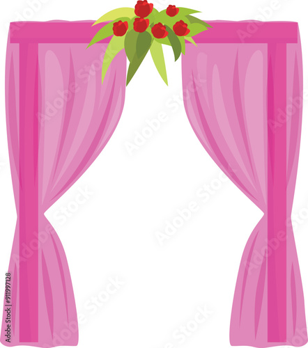 Pink wedding ceremony arch decorated with flowers and fabric for a romantic celebration