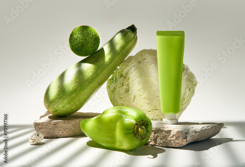 Abstract Still Life. Green Vegetables and Cream Tube in Natural Light photo