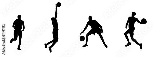 set of silhouettes of basketball players with different poses, gestures. isolated on white background. vector illustration.