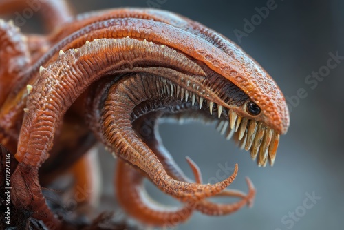 Detailed view of an alien parasitic worm, attaching itself to a host with intricate mouthparts. High-resolution, detailed textures, crisp focus