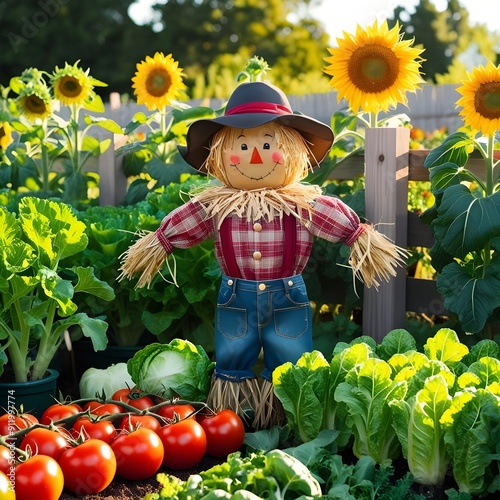 vegetable garden with seasonal crops and a scarecrow