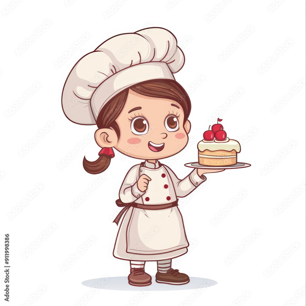 Cartoon character of cute little girl hold cake,wear chef uniform, white background, vector illustration Cartoon character of cute little girl hold cake,wear chef uniform, white background, vector illustration