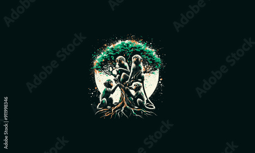 monkeys on big tree splash background vector artwork design