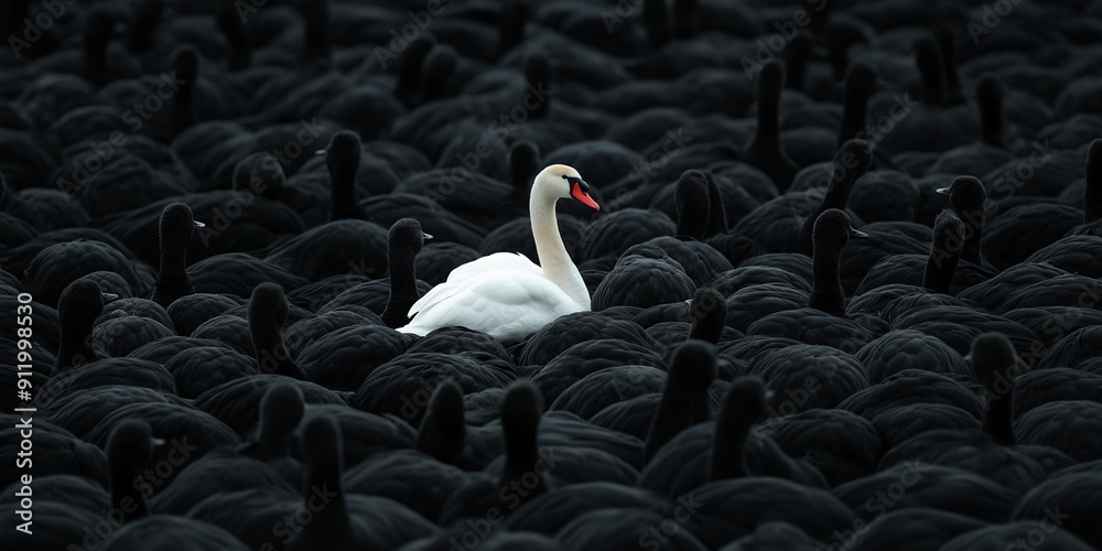 Fototapeta premium One White Swan Among Black Swans: A single white swan stands out amidst a sea of black swans, symbolizing uniqueness, individuality, and the power of standing out from the crowd.