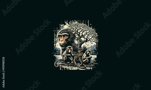 monkeys on big tree splash background vector artwork design