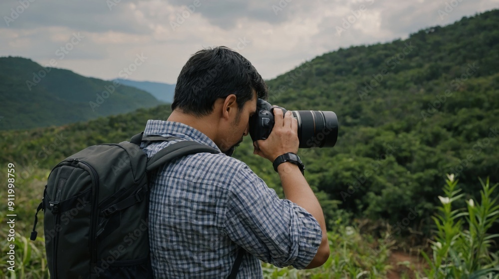 Medium shot of man with backpack taking a photo Medium shot of man with backpack taking a photo